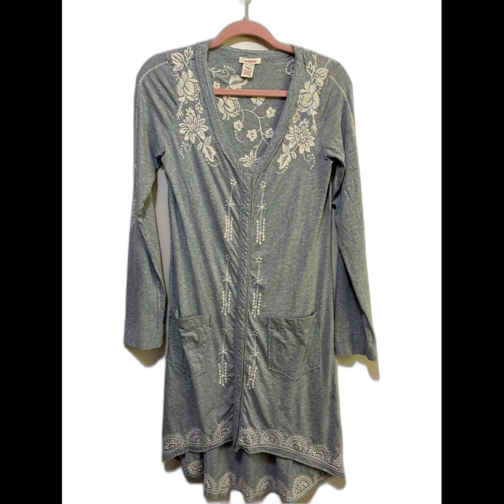 Sundance  Margot Hi-Lo Embroidered Long Tunic Cardigan grey cotton knit size xs